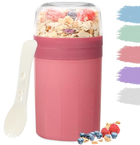 Bugucat Müslibecher to Go 520ML+250ML,Praktischer Joghurtbecher mit Löffel, Auslaufsicher Müsli Cup Becher mit Soßenbox,Müslibox Brotdose Lunchbox für Kinder & Erwachsene, Rosa