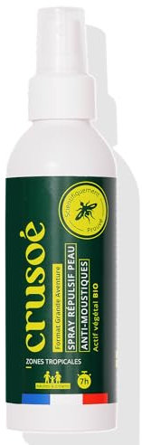 CRUSOÉ - Spray Anti Moustiques - Dès 3 Ans - Efficacité 7H - Zone Tropicale Et Tempérée - Formulation 100% Végétale - Certifié Écogarantie - Fabriqué En France - 150 ml