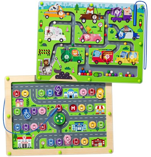 2 en 1 laberinto magnético con números de coche, tablero de conteo del alfabeto magnético, rompecabezas de madera, juguete preescolar Montessori, regalo para niños y niñas de 3 a 5 años (laberinto de