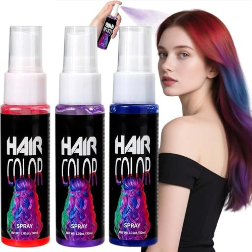 3Color Hair Color Spray - Temporary Vibrant Hair Dye for Kids & Adults, Suitable for Gifts, Parties & Prom. Easy Wash-Out in Red, Great for Festive Events & Instant Styl (Red,blue,purple)