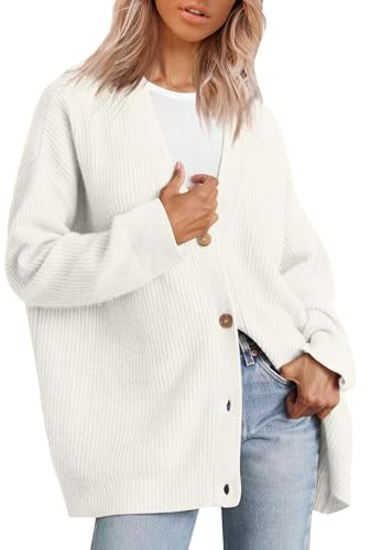 Gilet Femme Chic Et Elegant Long Gilet Grande Taille Hiver Mi Saison Blouson Coton Manches Longues Pull Chaud Femme Col en V Pas Cher Cardigan Veste Vetements(Blanc,M)