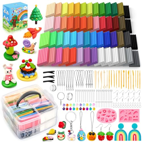 Bridokit 54 Pcs Polymer Clay Set, Oven Baked Model Clay Non-Toxic, Multicolour Modelling Clay for Kids with 19 Sculpting Tools, 2 Gem Silicone Molds and Colourful Gift Box, Crafts Gift for Kids Adults