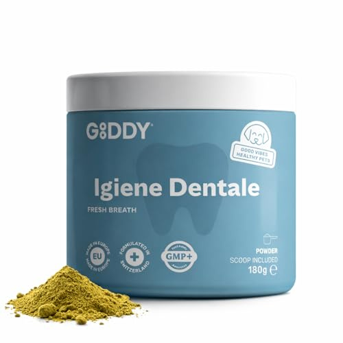 Gooddy - Cuidado Encías y Limpieza Dientes para Perros. Polvos Naturales 180g, Sin Cereales e Hipoalergénico – Elimina sarro, Placa y Mal Aliento. Alga Marina Natural Kelp, Zinc, Menta. 6 Meses Uso