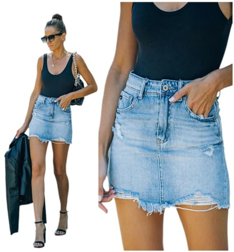 ZFLBDBG Jean pour Femme Jupe en Ligne Déchirée Denim, La Mode D'été À Femmes, A-Line Bord Brut Brut-Denim Bleu-m