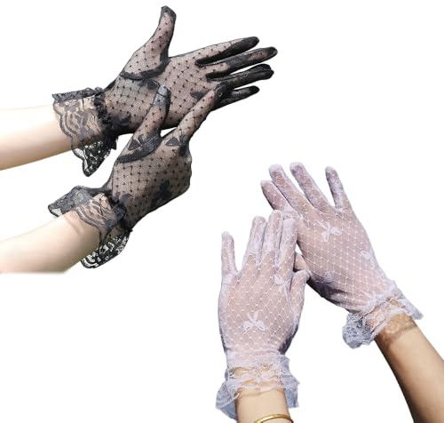 MSLSOZ Lot de 2 paires de gants élégants en dentelle pour femme, gants courts en dentelle avec volants, nœud et motifs floraux, blanc élégant et noir polyvalent, pour mariage, thé, bal masqué.