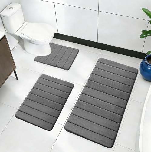 RANJIMA Juego de 3 alfombrillas de baño de espuma viscoelástica suave y alfombrilla de baño en forma de U, antideslizante, lavable, juego de alfombra de baño para ducha, inodoro y bañera (U50 x 60 +