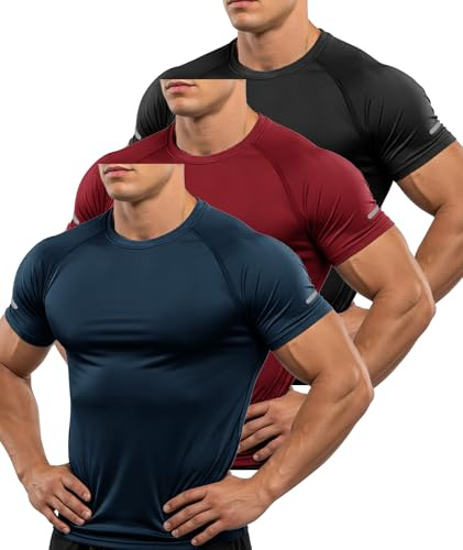 ZITY 3 Pezzi T-Shirt Uomo Sportive Magliette Manica Corta Traspirante Estate T Shirt Asciugatura Rapida Tshirt Funzionale Trekking Fitness Maglietta Blu Navy+Rosso+Nero M
