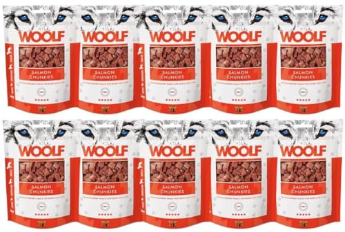 Pack 10x100g - Snacks Naturales Perros - Dados Salmón - Chuches Sin Conservantes - Premios Perros Saludables - Dog Treats - Omega 3 Piel y Pelo - 6 x Woolf erchen de Fuga