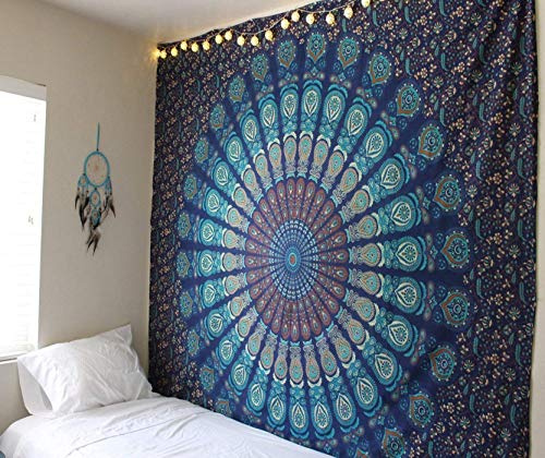 raajsee Large Blue Floral Mandala Tapestry Wall Hanging,Indian Cotton Beach Throw Blanket Hippie Bohemian Elephant Queen Bedding, Dorm Decor Boho Meditation Yoga Mat Rugs,A 210x220cm