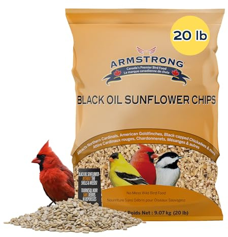 Armstrong Wild Bird Food Black Oil Sunflower Chips, 20 Pounds - for Northern Cardinals, American Goldfinches and Black-Capped Chickadees - Ideal for Outside Feeders
