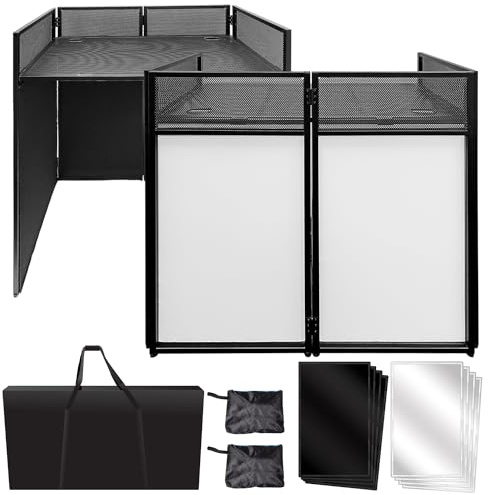 AxcessAbles Portable DJ Facade Booth with Black and White Lighting Scrims, Carry Cases | Standing DJ Table - 40 x 20 | DJ Controller Stand | Recording Mixer Stand | DJ Booth (ES-01)