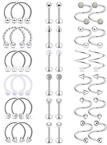 SCERRING Tragus Earrings 16g Stainless Steel Horseshoe Lip Rings Nail Tragus Helix Rook Cartilage Earrings Studs Ring Medusa Piercing Jewelry 8mm 36PCS Silver