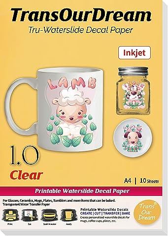TransOurDream Tru-Waterslide Decal Paper Inkjet Clear 10 Sheets A4 Premium Printable Vinyl Transparent Paper Decals for Ceramics Mugs Candles Glasses Plates Transfer