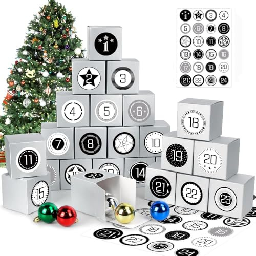 Calendrier de l'Avent, calendrier avent a remplir,boîte calendrier de l'avent Noel,Boîtes en papier kraft Cadeaux Sacs en Papier avec 1-24 Autocollants, pour DIY Noël (Scatola d'argento)