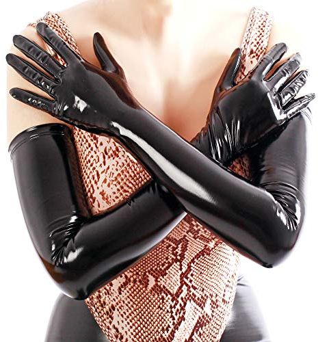 Ftshist Wet Look Gloves Black Shiny Arm Gloves Latex Leather Long Gloves for Women (Black, 24'' L)