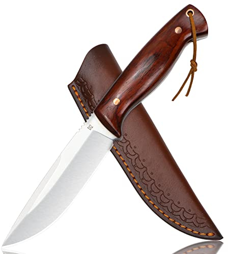 Goodchef Jagdmesser, Scharfer D2 Edelstahl Klinge mit Exquisite Ledertasche für Männer, Feststehende Klinge Survival Messer Ergonomie Palisandergriff, Outdoor Camping Überlebensmesser