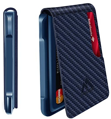 MURADIN Schlanker RFID-blockierender Metall-Kartenhalter, Taktische minimalistische Brieftasche für Männer, Elegante Bifold Herren-Geldbörse mit Geldclip (Carbon Fiber Blue)