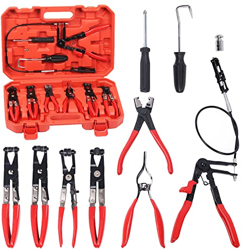 Glarks Juego de 9 Alicates de Abrazadera Flexibles Rojos - Kit de Largo Alcance para Reemplazo de Combustible, Aceite y Manguera de Agua