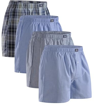 DANISH ENDURANCE Woven Boxers for Men, Cotton Boxer Shorts, Loose Fit, Multipack, 4 or 6 Pack, Assorted Blue/Stripes Mix, M