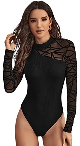 GORGLITTER Body de mujer de manga larga de punto sexy de malla Bodysuit de manga larga para mujer elegante con cuello alto, Negro , M