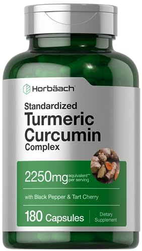 Horbäach Turmeric Curcumin Supplement | 180 Capsules | with Black Pepper & Tart Cherry | Non-GMO & Gluten Free