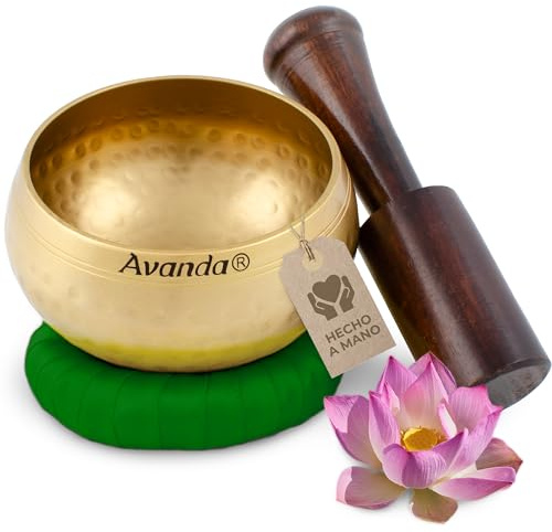 Tibetan singing bowl set for yoga, meditation and relaxation - hammered Tibetan singing bowl Ø 10 cm (4 in), mango wood mallet and ring cushion, green