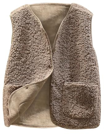 Wyongtao Teddy Fleece Gilet for Women Sleeveless V-neck Button Down Vest Sherpa Fluffy Waistcoat Coat Solid Color Lightweight Cozy Gilets Ladies Winter Soft Jacket with Pockets Fur Fuzzy Coat Outwear