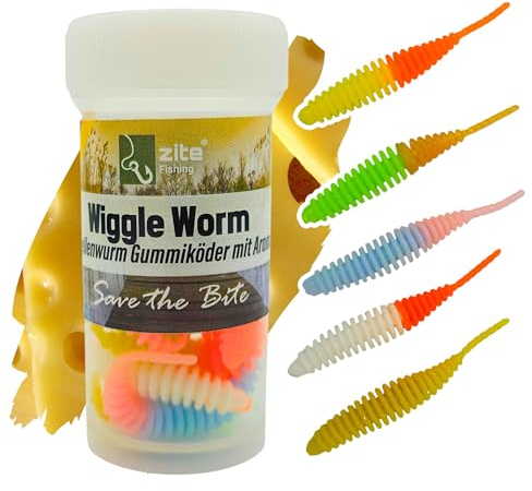 Zite Fishing Wiggle Worm Neon Mix 10 STK – Aromatisierter Lamellen Gummiwurm Forellen-Köder - 5,5cm Gummiköder für UL Angeln – Phthalatfrei - Neon Käse