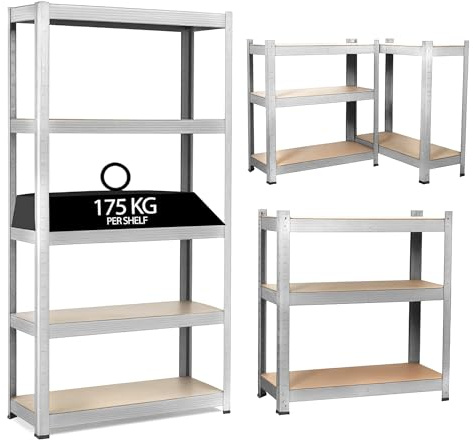 JupiterJX Garage Shelves Storage Shelving Unit, 5 Tier Heavy Duty 875KG Capacity Boltless Industrial Metal Racking Unit For Home/Office/Workshop/Warehouses (150 x 70 x 30cm, Galvanised)