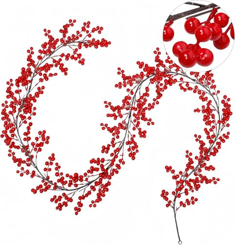 KAHEIGN Ghirlanda di Natale con Bacche Rosse, 200CM Ghirlanda di Bacche di Agrifoglio Artificiali Ghirlanda Flessibile Pieghevole per L'inverno Natale Capodanno Camino Tavolo Festa Decorazione