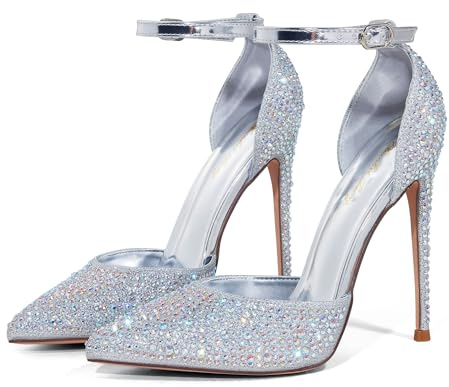 Zhabtuc Talons Hauts, Escarpins D'Orsay pour Femmes Bride à la Cheville Bout Pointu Chaussures de Mariage de Fête, Strass argenté, 40 EU