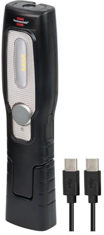 Brennenstuhl Linterna de taller LED recargable HL 201 A/Linterna mecánica LED con batería recargable (250 + 70lm, base articulada, con imán y gancho, incluye cable USB C)