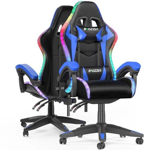 Racingreat Gaming Chair with Led Lights, Video Game Chair, Ergonomic RGB Gaming Chair for Adults, Height Adjustable Reclining Computer Chair with Headrest and Lumbar Support (With RGB, Blue)