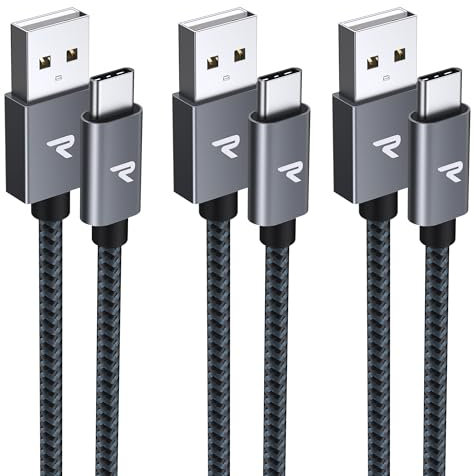 RAMPOW Cable USB C, Charge Rapide 3A QC3.0, Cable Chargeur USB C Cable Nylon Tressé Compatible avec iPhone 17 Pro Max Air 16/15, SamsungS22/S21/S20/S10, Xiaomi, Sony-Gris Sidéral/1M+1M+2M