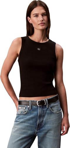 Calvin Klein Donna Canotta Woven Label Rib con Logo, Nero (Black), S