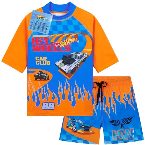 Get Trend Hot Wheels Ensemble de Bain Garçon 2 Pièces avec Short de Bain et T-shirt Plage Piscine Vacances (4-5 Ans, Bleu/Orange Hot Wheels)