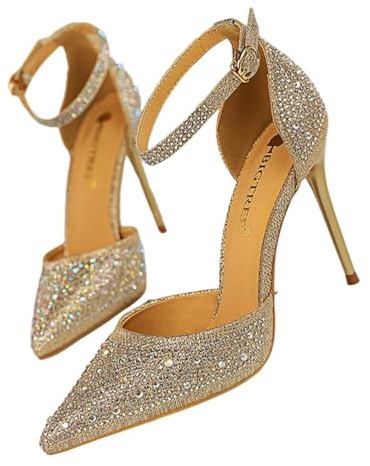 ticticlily Donna Scarpe con Tacco Alto10 cm Estive Eleganti Décolleté Tacchi con Strass Scintillanti Cintura alla Caviglia A Champagne 40 EU