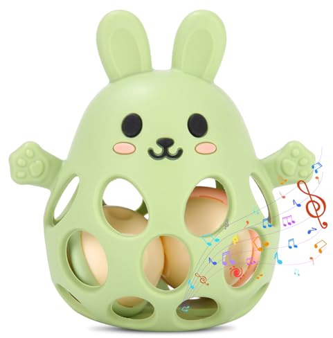 Vuxava Sonajero Bebe 0-6 Meses – Juguete Sensorial Montessori BPA-Free – Pelota Mordedor para Bebés & Regalo para Recién Nacidos (Verde Oliva, Conejo)