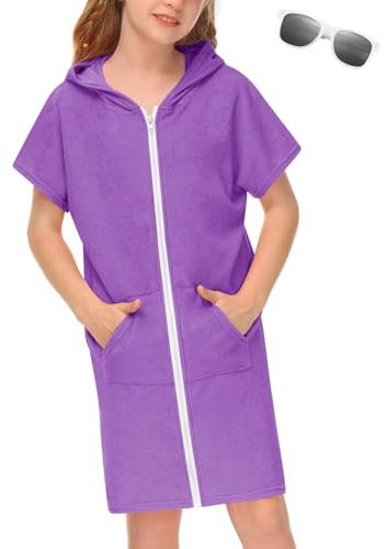 Boy Girls Summer Quick Dry Poncho Beach Towel Swim Bathrobe Terry Cloth Robe Bathing Suit Cover Up Purple 6 Years