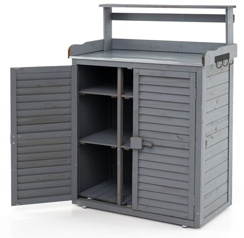 COSTWAY Pflanztisch Outdoor wetterfest, Gärtnertisch Holz, Blumentisch mit Unterschrank & verzinkter Arbeitsplatte & abnehmbaren Regalen, Gärtnertisch für Garten Terrasse Hof, 87x45x120cm, Grau