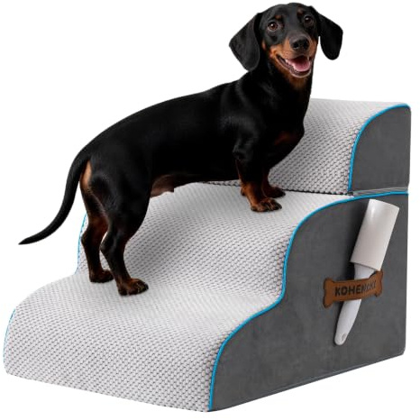 Kohentact Dog Stairs, Steps and Ramp for High Bed & Sofa, 13-24 H Detachable Pet Stairs for Small Medium Dogs, Sturdy 40D Foam, Non-Slip, Washable Cover with Lint Roller, Grey