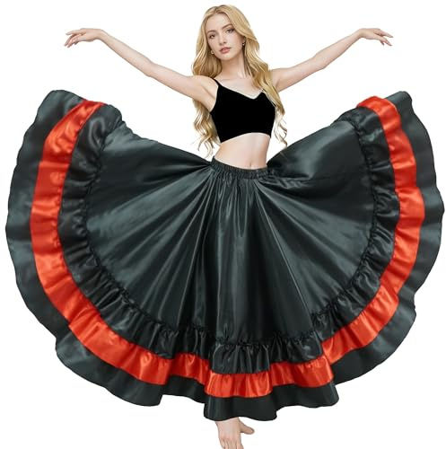 MUNAFIE Satin Ruffle Skirt Belly Dance Women Festival Cosplay Long Skirt Spanish Bull Flamenco Full Skirts Black-red