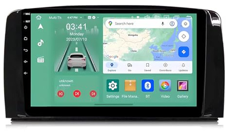 Autorradio Doble DIN de 9 Pulgadas para Mercedes-Benz R300 R350 (2007-2011) con Bluetooth, CarPlay, Android 14, Pantalla táctil, cámara de visión Trasera AHD y navegación GPS.