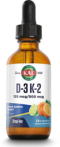 KAL D3 K2 DropIns 125 mcg / 500 mcg Liquid Vitamin D3 K2 Drops, Bone Health, Heart Health and Immune Support Supplement, Natural Citrus Flavor, 60-Day Money Back Guarantee, Approx. 59 Serv, 2 FL OZ
