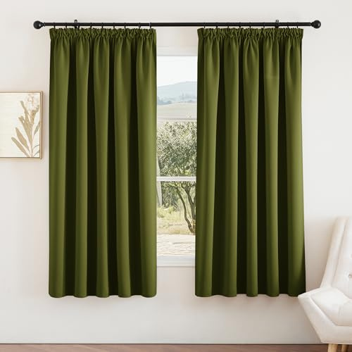 PONY DANCE Blackout Pencil Pleat Curtains, Olive Green, W66 x L72 Inch