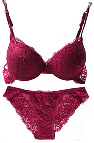 Nanier Damen Sexy Push up BH Set Mit Stickerei Wein rot 75A