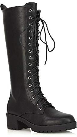ESSEX GLAM Womens Knee High Boots Ladies Lace Up Chunky Sole Low Heel Casual Biker Combat Size 3-8