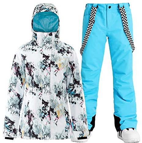 GSOU SNOW Womens Ski Jacket and Pants Snowboarding Snowsuit Coat Warm Winter Hooded Insulated Waterproof Windproof,White Blue XS