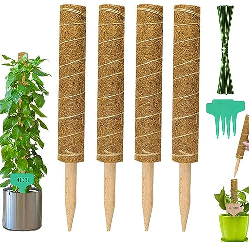Supporto Piante Rampicanti 4 Pezzi Bastone Fibra di Cocco Bastone Muschiato per Rampicanti 30cm Totem, Palo di Estensione d'Arrampicata con 100 Cinghie e 4 Etichette