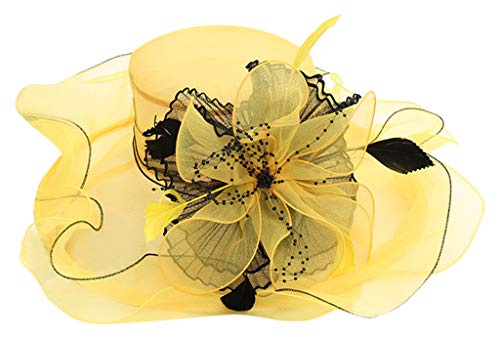 Sonnenhut Damen Sommerhut Elegant Fascinator Organzahut mit Breiter Krempe Strandhut Sonnenschutz Fischerhut Faltbarer Sommer Outdoor Kirche Party Hochzeit Damenhut Bowler Hut (Gelb, One Size)